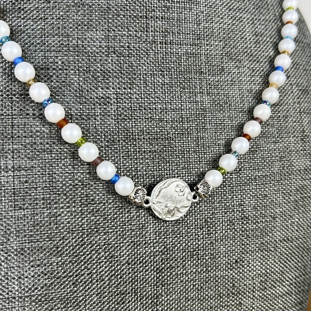 White and Blue Beaded Necklace with Crystal Centerpiece - Picture 2 of 3